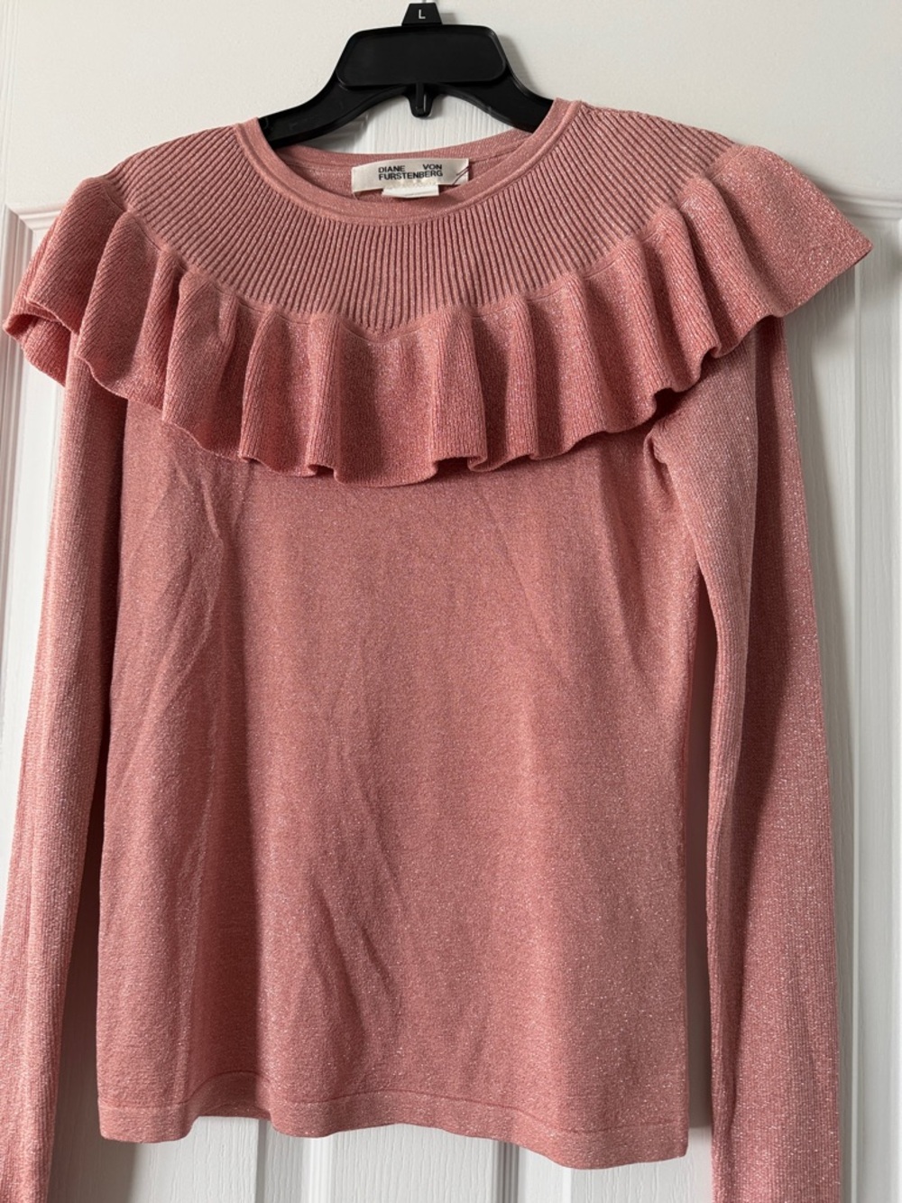 Diane Von Furstenberg Shimmer Rose Pink Ruffle-Yoke Long Sleeve Top